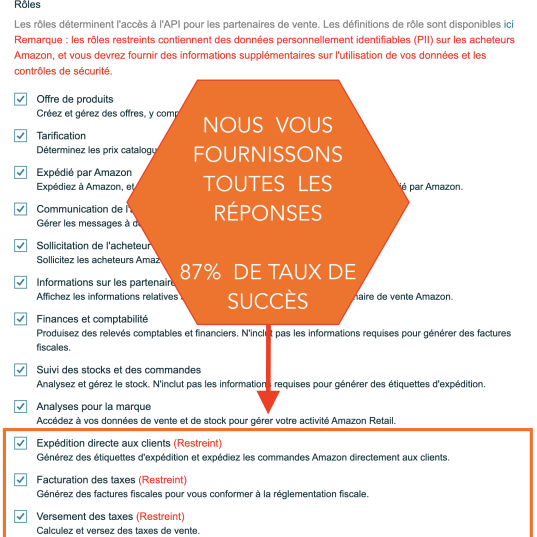 ACCES ROLES RESTREINTS AMAZON DEVELOPPEUR PROFIL EXPEDITION DIRECTE AU CONSOMMATEUR DTC SP API PII SELLER PARTNER